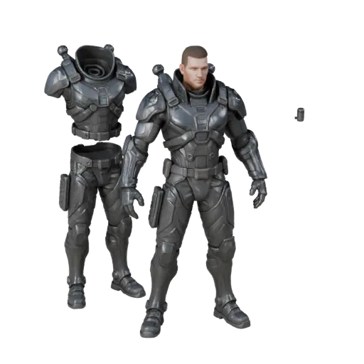 3D персонаж бронированный офицер NPC в стиле Sci-Fi, вид в окне движка, готовый к анимации ассет в статичной позе; Бронирован