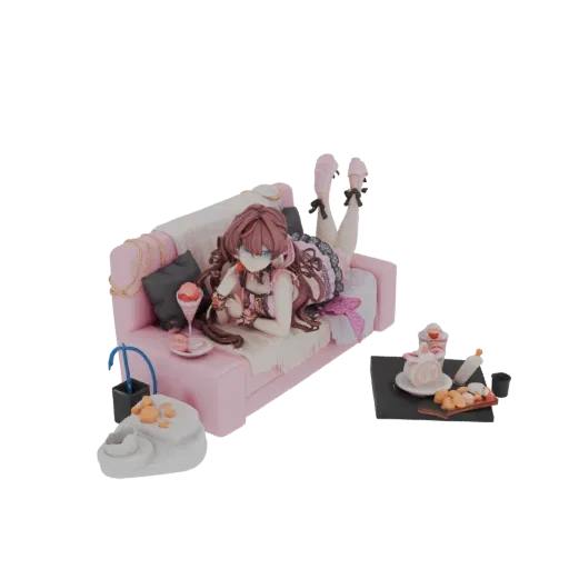 3D модель аниме девушки в розовом наряде на розовом диване, с подносом сладостей и напитков рядом.