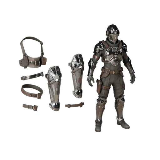 Sci Fi Shin Guard 3D model, three-quarter front view, Unity viewport, showing metal plates, form detail.