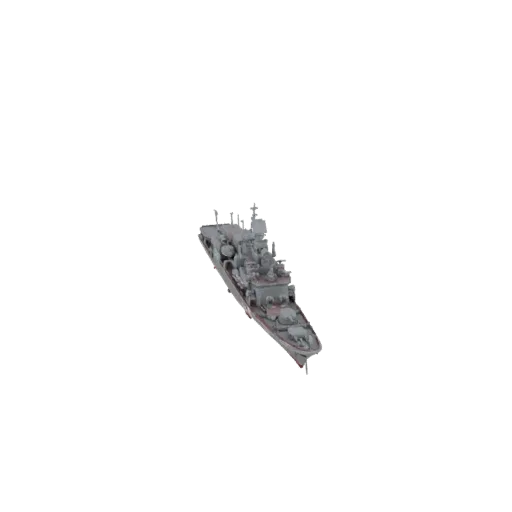 3D модель современного эсминца с УРО, вид под небольшим углом сверху, демонстрирующий детализированную палубу и вооружение на