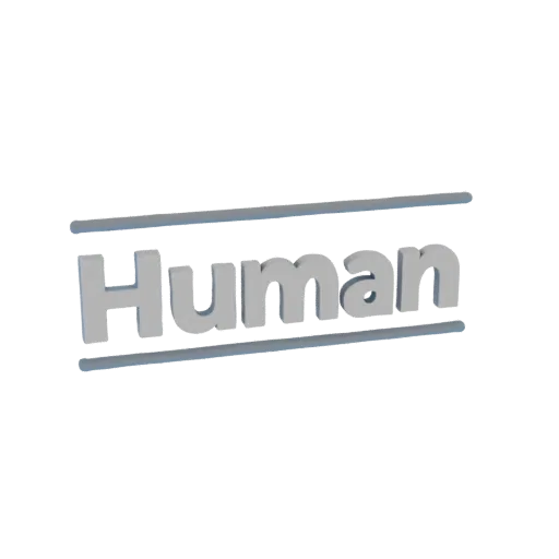 3D модель объемной надписи "Human" с серебристо-серым цветом и эффектом тени на черном фоне