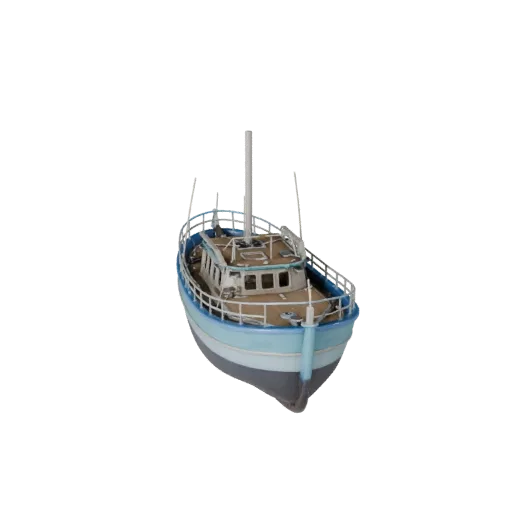 3D модель лодки, вид в игровом окне в три четверти, готовый к использованию в Unity актив с формой корпуса, планировкой палуб