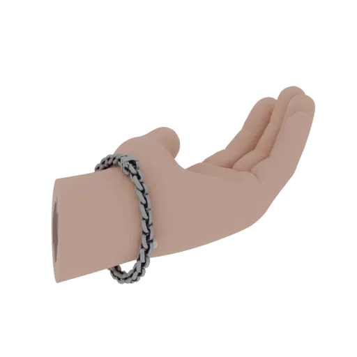 3D-модель золотого браслета с бусинами, вид спереди в три четверти, рендер студии для AR-просмотра, золотистая отделка.