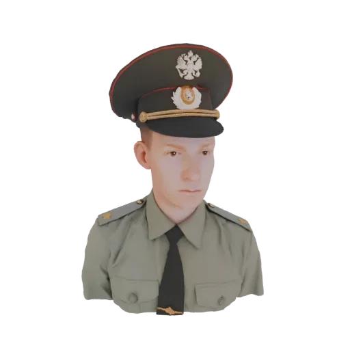 Рендер 3D модели бюста российского военного офицера в зеленой форме и темной фуражке с эмблемой двуглавого орла.