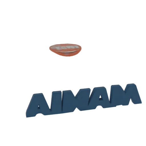 3D модель логотипа AIMAM с синим тисненым текстом и оранжевой монетой.