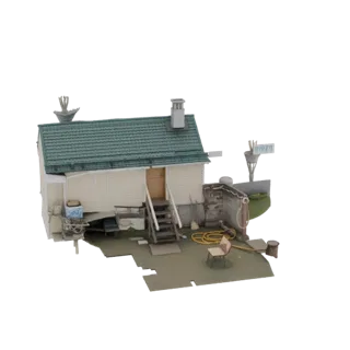 3D модель ветхого садового сарая с зеленой крышей, облупившейся обшивкой, садовым шлангом, стулом и разбросанными инструмента