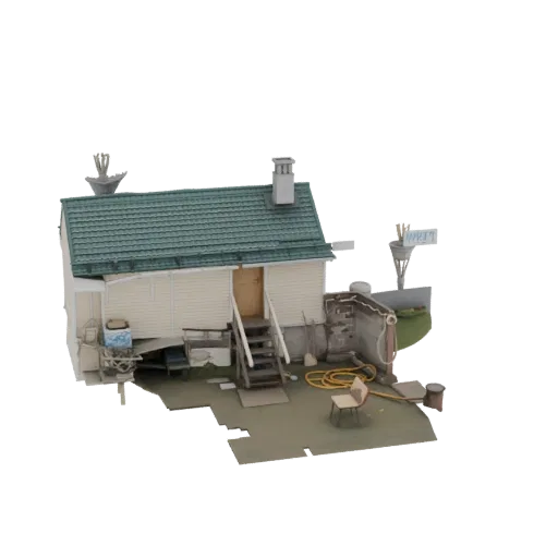 3D модель ветхого садового сарая с зеленой крышей, облупившейся обшивкой, садовым шлангом, стулом и разбросанными инструмента