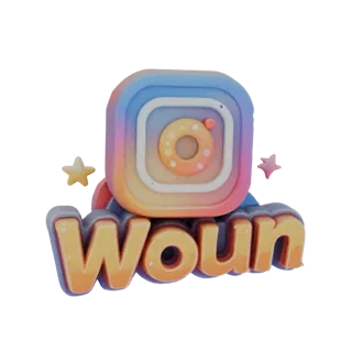 3D-модель логотипа Instagram со словом 'Woun', звездами и пастельными цветами.