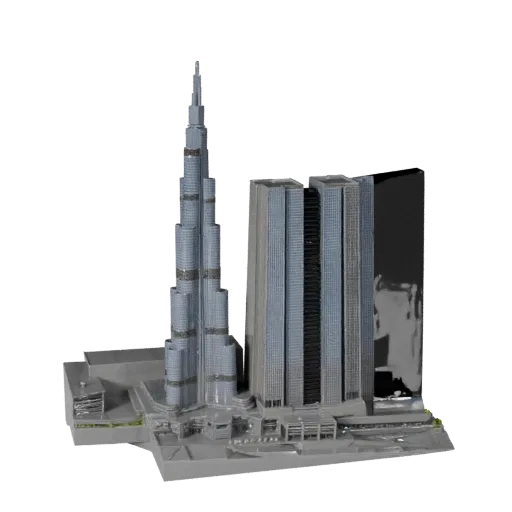 Реалистичная 3D модель Бурдж-Халифа, вид с трех четвертей снаружи, показывающий материалы и архитектурные детали структуры до