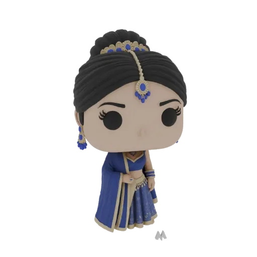 3D модель индийской принцессы в стиле Funko Pop, в сине-золотом наряде и с изысканными украшениями.