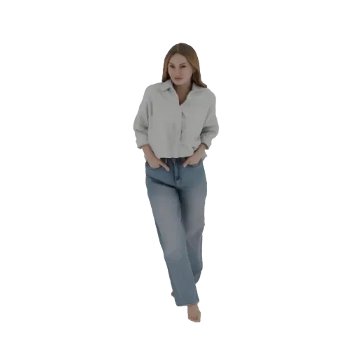 3D модель женщины с длинными каштановыми волосами, в голубой рубашке и джинсах, стоящей с руками в карманах.