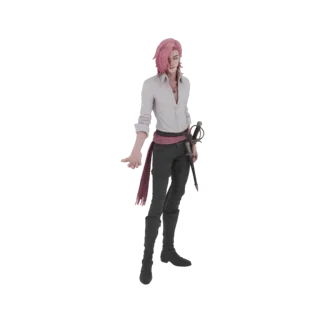 3D model of a male character with pink hair, wearing a white shirt, dark pants, red sash, and black boots, holding a sword.