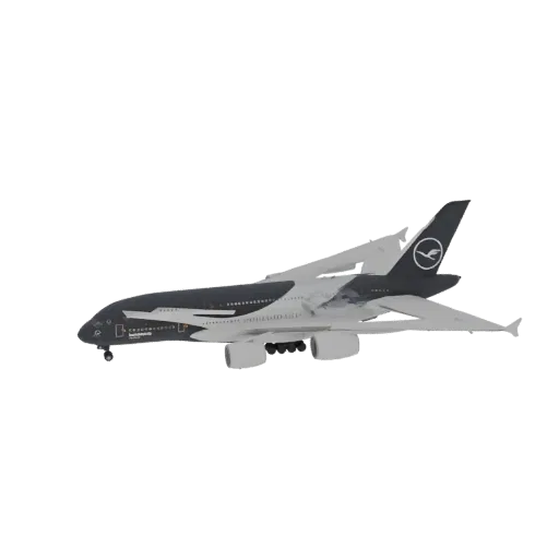 Вид сбоку 3D модели самолета Lufthansa Airbus A380 в темно-серой и белой ливрее.