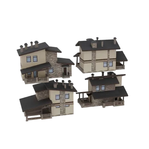 3D-рендер четырех детализированных альпийских шале с каменными и деревянными элементами на белом фоне.