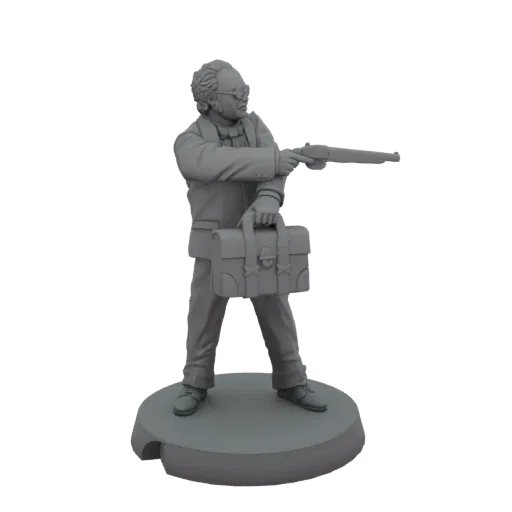 Рендер 3D модели персонажа-профессора в очках и костюме, с дробовиком и портфелем, стоящего на подставке.