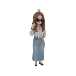 3D модель стильной девушки с длинными каштановыми волосами, в солнцезащитных очках, завязанной белой рубашке и длинной джинсо