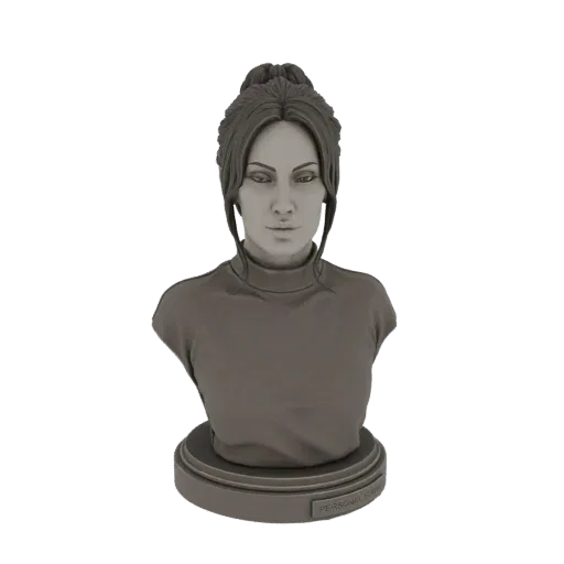 Рендер 3D-модели женского бюста с волосами, собранными в пучок, и топом под горло, на круглой подставке.