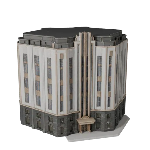 Реалистичная 3D модель фасада в стиле Ар-деко, вид с трех четвертей снаружи, показывающий материалы фасада здания и архитекту