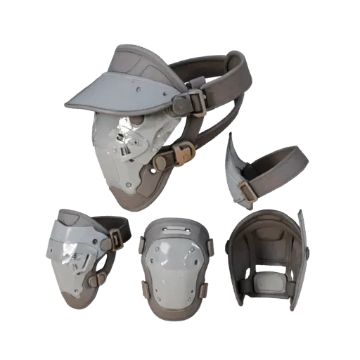 Стилизованная 3D модель Наколенники Riot, стилизованный изометрический рендер, показывающий прозрачные щитки, защитный силуэт