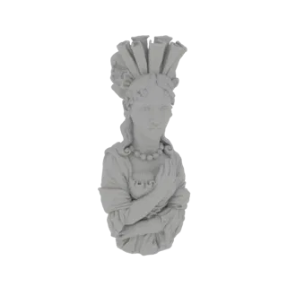 3D-модель классического бюста женщины с пышным головным убором и руками, сложенными на груди, в нейтральном сером материале.