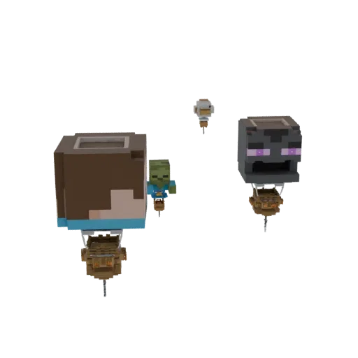 3D-рендер сцены из Minecraft с Эндерменом и Зомби на воздушных шарах.