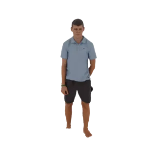 3D-модель молодого человека в светло-голубой рубашке-поло и темно-серых шортах, с руками за спиной.