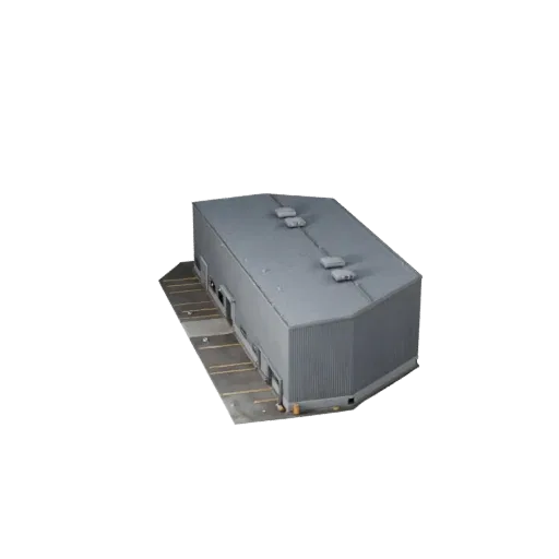 Реалистичная 3D модель склада, вид с трех четвертей снаружи, показывающий материалы промышленного здания и архитектурные дета