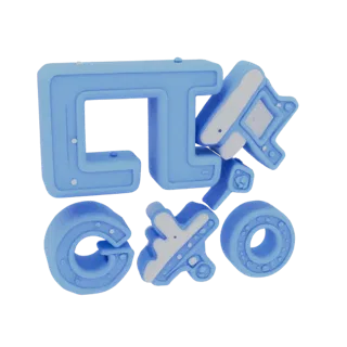 3D модель объемных букв "CTXO" в голубом цвете с белыми акцентами, на белом фоне