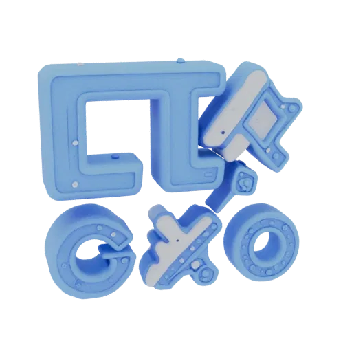 3D модель объемных букв "CTXO" в голубом цвете с белыми акцентами, на белом фоне