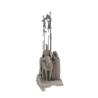 3D модель средневекового рыцаря на коне с двумя компаньонами, представленная в нейтральном сером материале, на белом фоне.