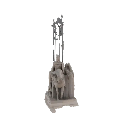 3D модель средневекового рыцаря на коне с двумя компаньонами, представленная в нейтральном сером материале, на белом фоне.