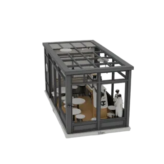 3D модель миниатюрного кафе с панорамными окнами, столиками и фигурами бариста