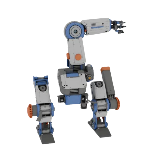 Печатаемая 3D-модель руки гуманоидного робота, изометрический STL-рендер, показывающий металлические каркасы, форму робота.