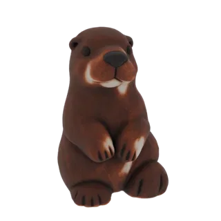 3D модель милой коричневой выдры, сидящей вертикально с белыми акцентами на мордочке и лапах, смотрящей вперед.