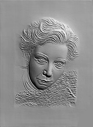 3D модель барельефа женского лица в стиле арт-деко с волнистыми волосами и выразительными чертами.