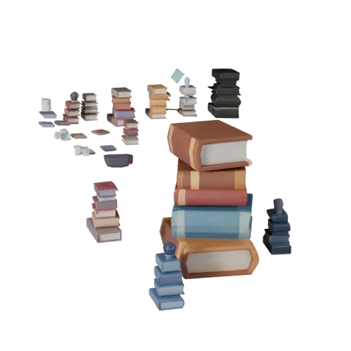 Низкополигональная 3D-модель Уютная стопка книг, игровой вьюпорт, вид в три четверти, показывающий керамику, узнаваемые повсе