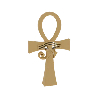 3D model of a golden Ankh symbol with the Eye of Horus prominently displayed, set against a white background.