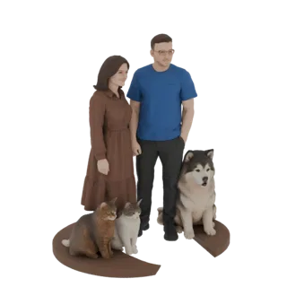 3D-модель мужчины, женщины, собаки и двух кошек, расположенных вместе, с домашними животными на отдельной подставке.