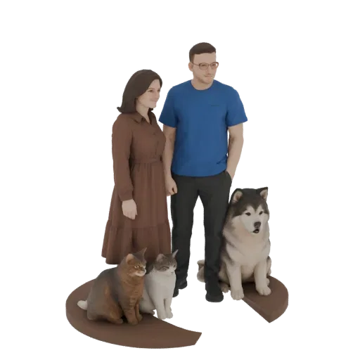 3D-модель мужчины, женщины, собаки и двух кошек, расположенных вместе, с домашними животными на отдельной подставке.