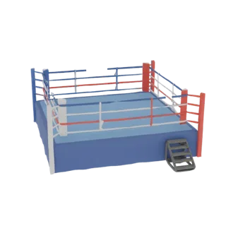 Низкополигональная 3D модель боксерской арены с синим покрытием, красно-синими канатами, белыми стойками и серым помостом на