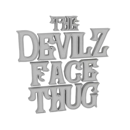 3D рендер текста 'The Devilz Face Thug' в смелом, стилизованном шрифте с металлическим блеском, представленный на белом фоне.