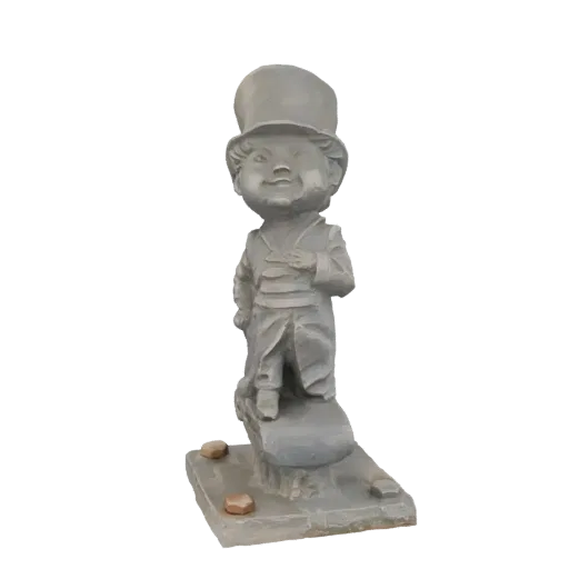 3D модель веселого мальчика в цилиндре и костюме, стоящего на каменном основании с декоративными камнями.