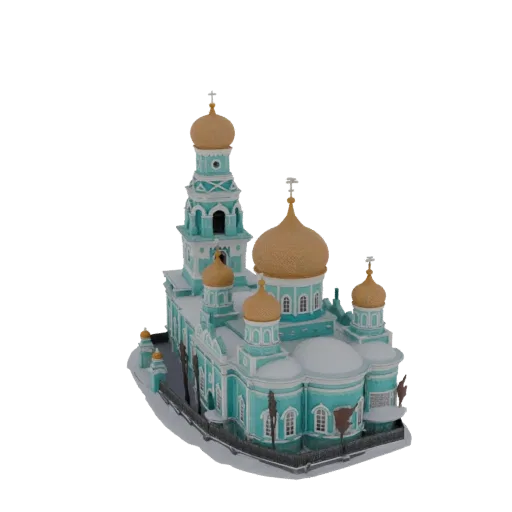 3D модель русского православного собора с золотыми куполами, бирюзово-белым фасадом и снегом на крыше, на белом фоне.