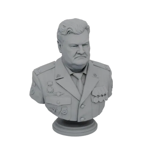 Рендер 3D модели бюста сурового генерала в военной форме, украшенной несколькими медалями, на белом фоне.