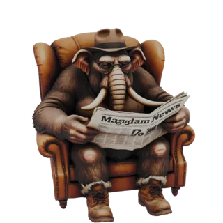 3D-модель мамонта в шляпе и очках, сидящего в коричневом кресле и читающего газету.