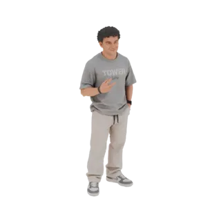 3D модель молодого человека в серой футболке и бежевых брюках, улыбающегося и показывающего знак мира.