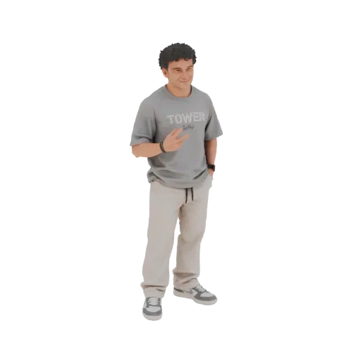 3D модель молодого человека в серой футболке и бежевых брюках, улыбающегося и показывающего знак мира.