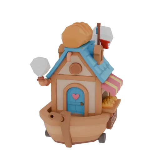 Стилизованная low-poly 3D изометрическая модель сказочной пекарни на деревянной лодке с коньком крыши в виде буханки хлеба и