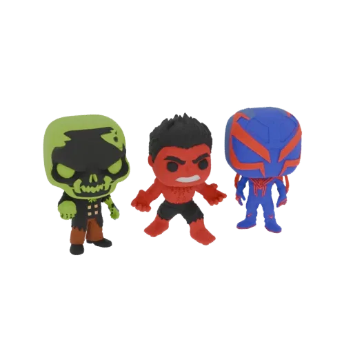 3D-модели Marvel Зомби, Красный Халк и Человек-Паук 2099 в стиле Funko Pop! на белом фоне.