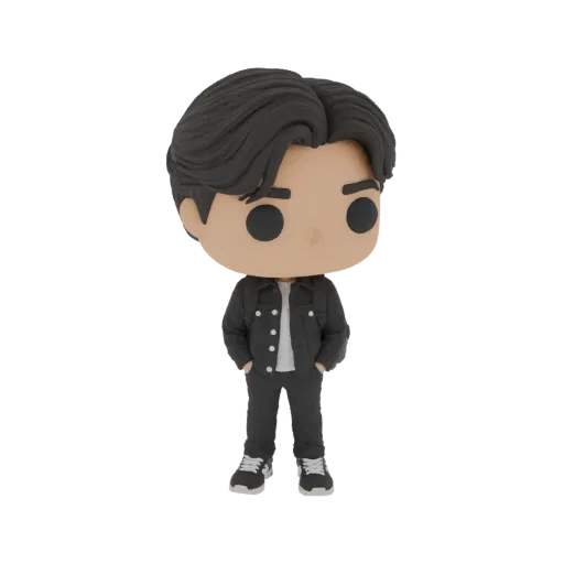 3D модель K-Pop айдола в стиле Funko Pop, в черной джинсовой куртке и черных брюках, с руками в карманах.